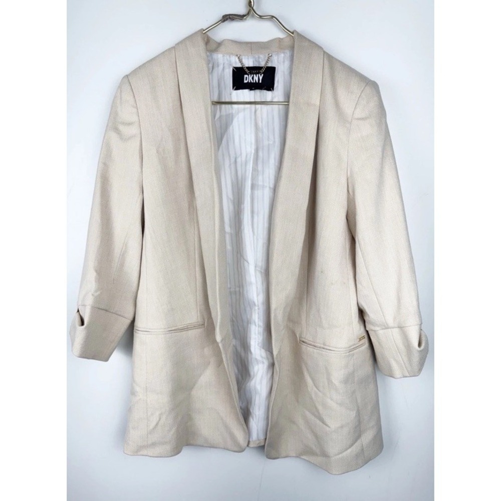 DKNY Notch Collar Open Front Blazer Size 10 Color Cream Office Preppy Old Money
